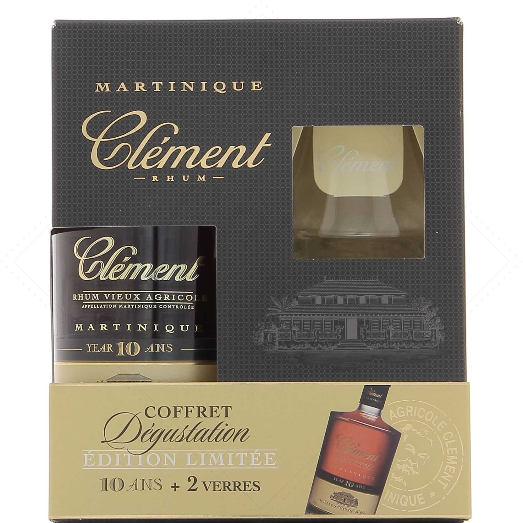 Clément coffret 1 bouteille 10 ans d’âge + 2 verres 42°