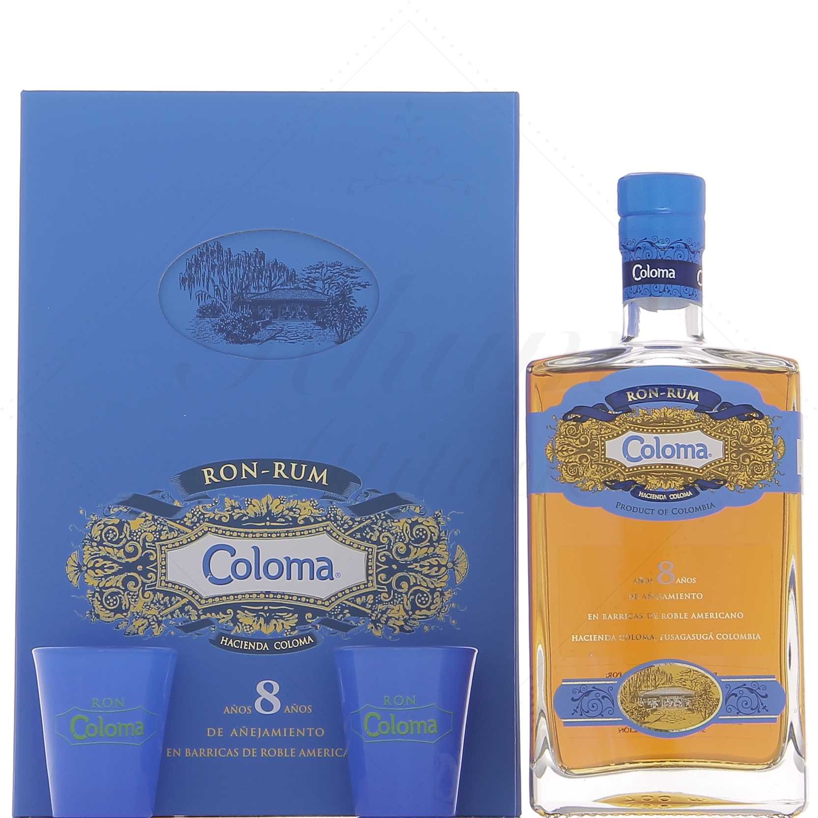 Coloma 8 ans coffret 1 bouteille + 2 verres 40° ancienne version