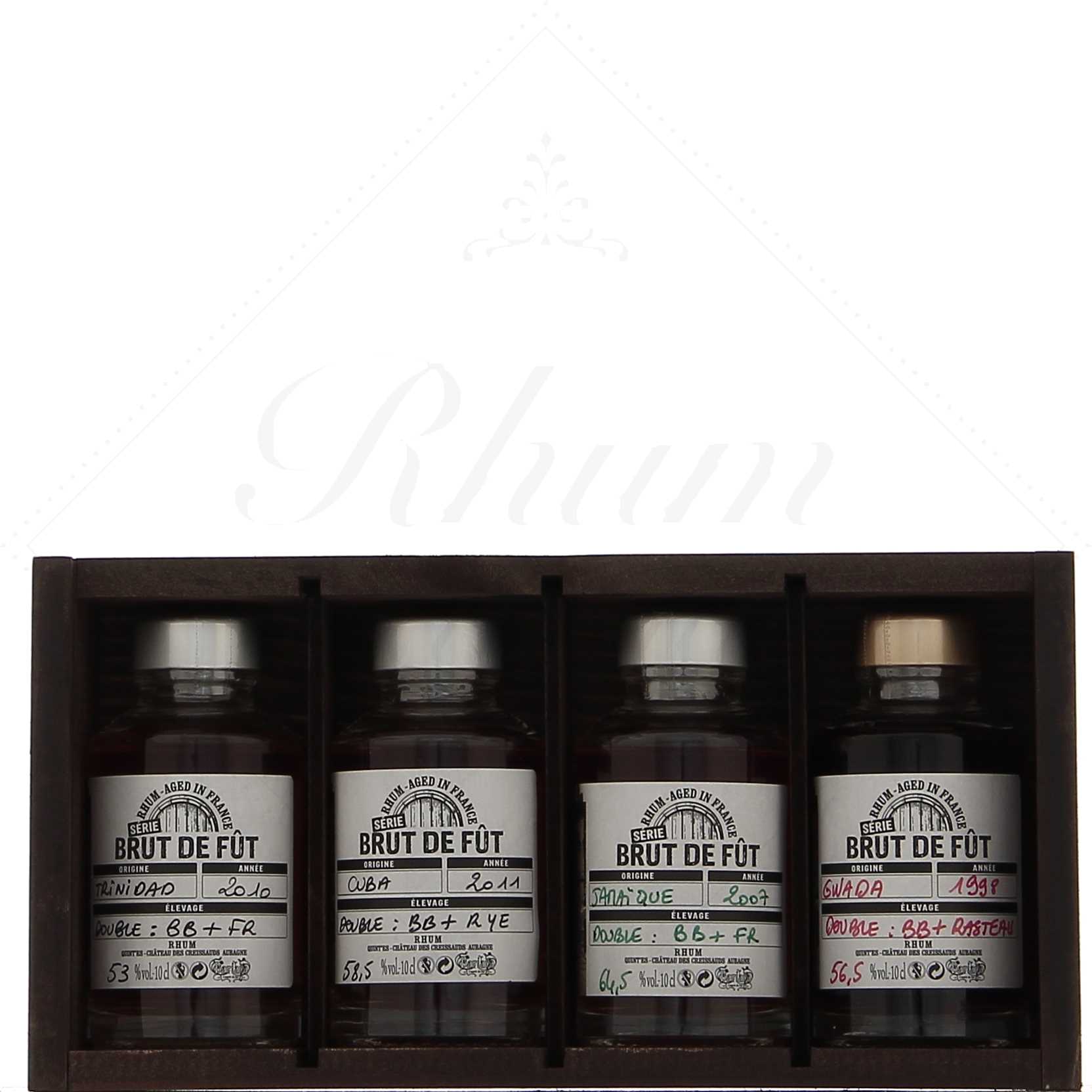 Ferroni - coffret bois 4 rhums x 10cl : Trinidad 2010, Cuba 2011, Jamaïque 2007, Gwada 1998 58°