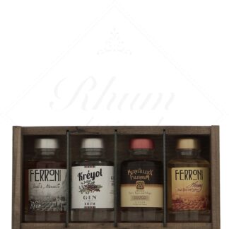 Ferroni - coffret bois 4 rhums x 10cl : Ambré, Honey, Fallernum, Gin Kréyol 34,5°