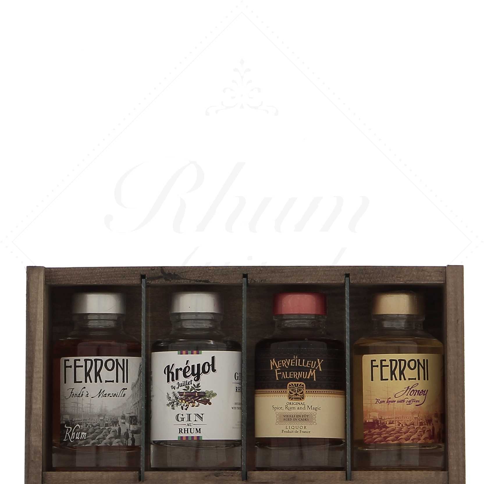 Ferroni - coffret bois 4 rhums x 10cl : Ambré, Honey, Fallernum, Gin Kréyol 34,5°