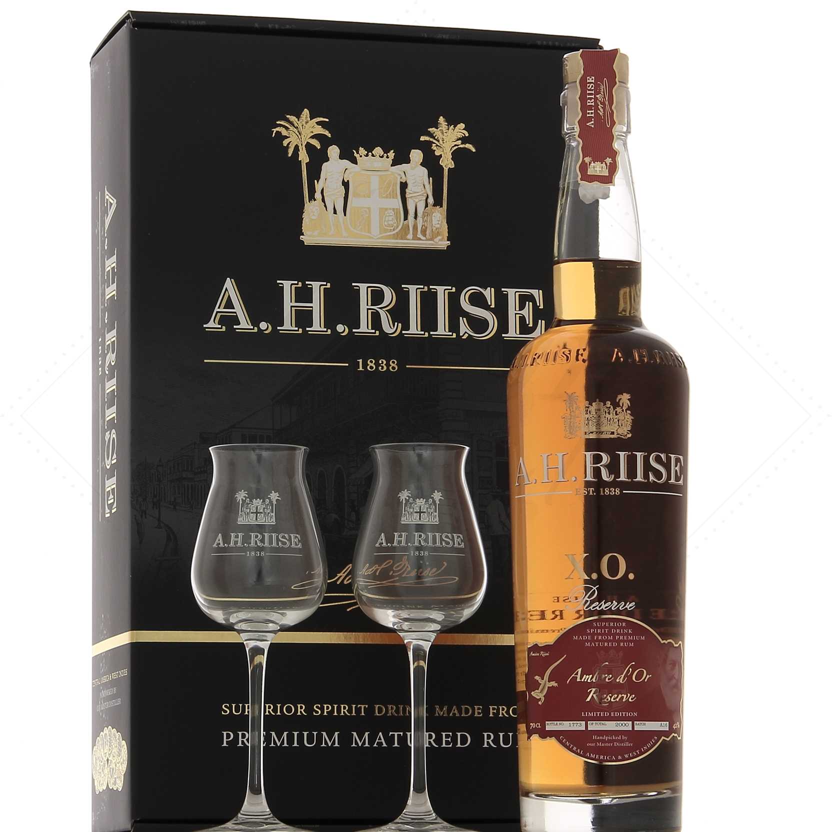 A.H. Riise XO Ambre d'Or 42° en coffret 2 verres