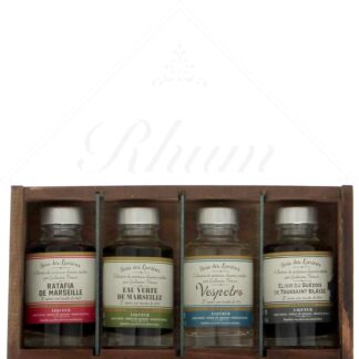 Ferroni - coffret bois Série des Lumières 4 x 10cl Ratafia, Eau verte, Élixir du Suédois de Toussaint Blaize, Vespetro 38,5°
