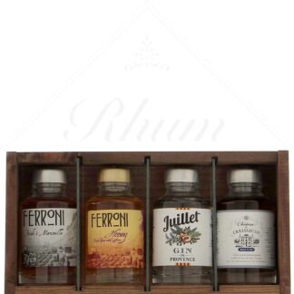 Ferroni - coffret bois Provencal 4 x 10cl Honey Rhum, Rhum ambré, Gin juillet, Pastis Millésimé 41,6°