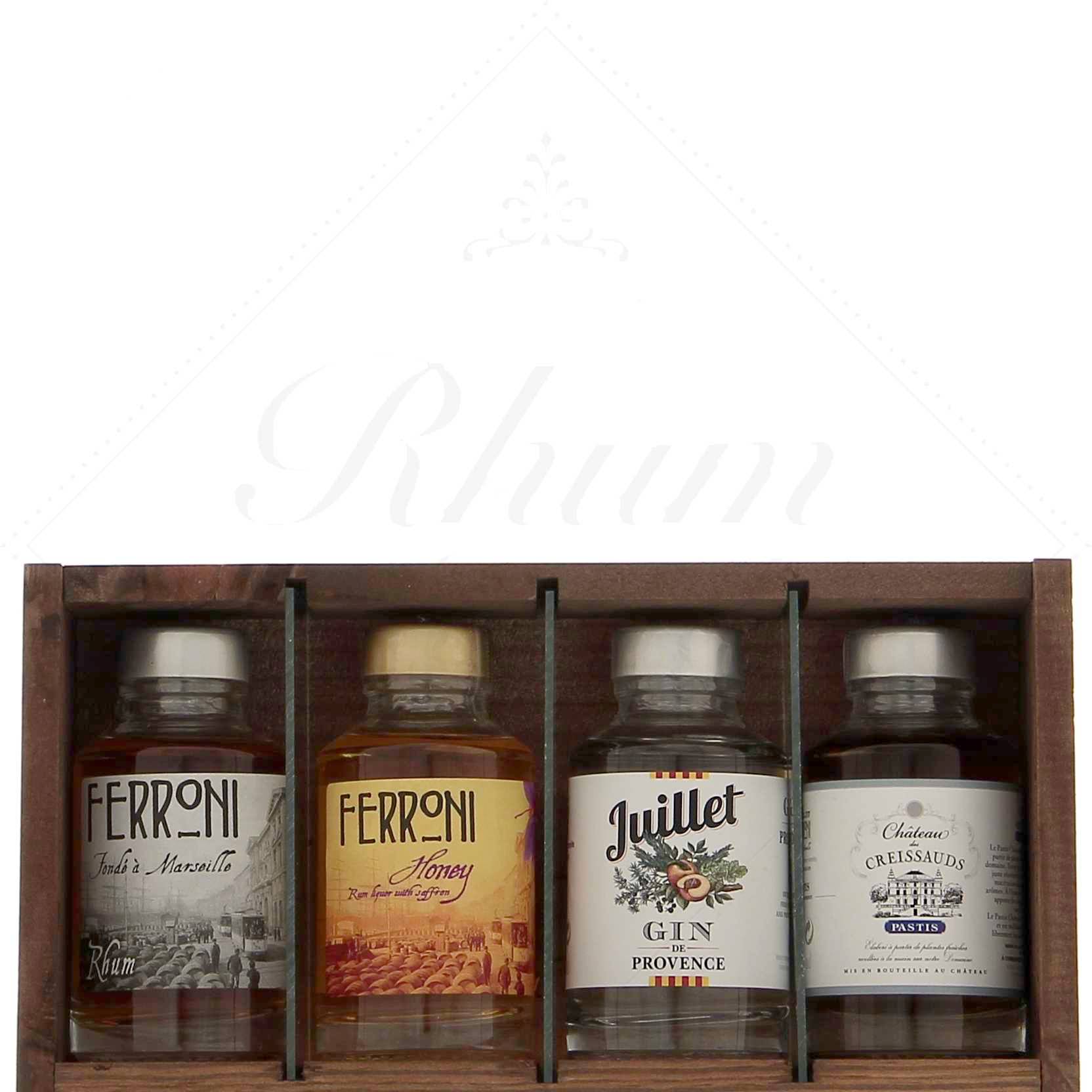Ferroni - coffret bois Provencal 4 x 10cl Honey Rhum, Rhum ambré, Gin juillet, Pastis Millésimé 41,6°