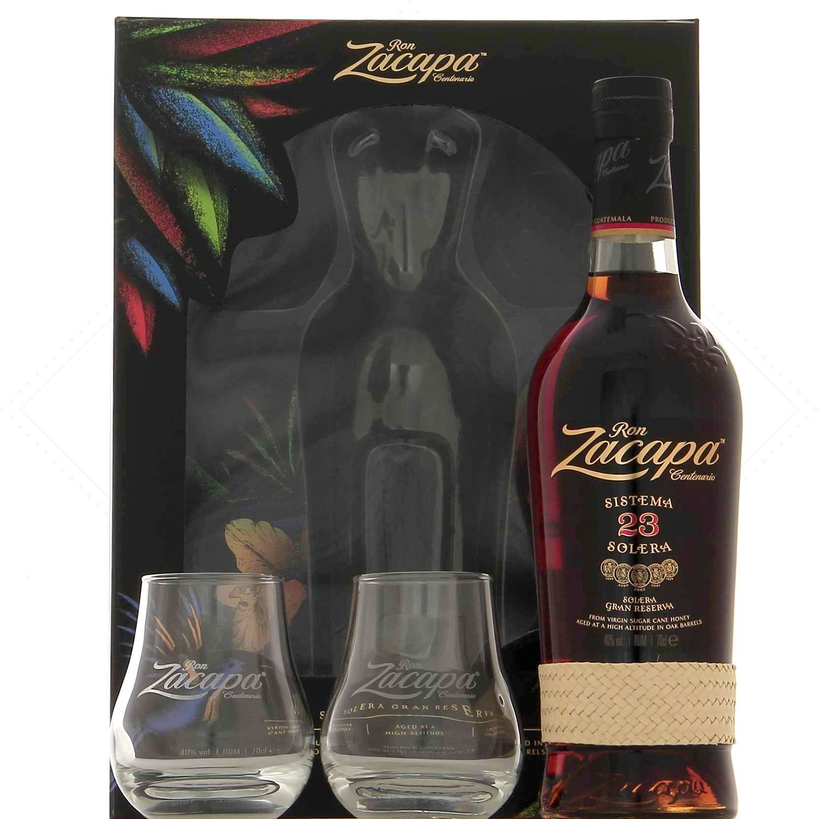 Zacapa 23 en coffret feuilles avec 2 verres 40°