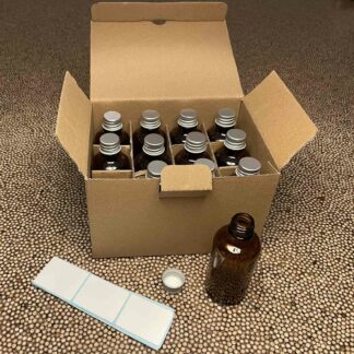 12 flacons verre opaque 5cl et capsule alu PP18 avec étiquettes