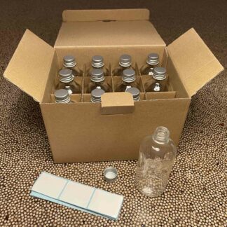 12 flacons verre transparent 10cl et capsule alu PP18 avec étiquettes