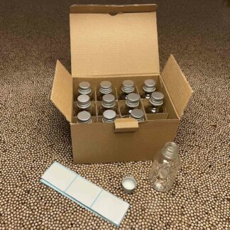12 flacons verre transparent 3cl et capsule alu PP18 avec étiquettes