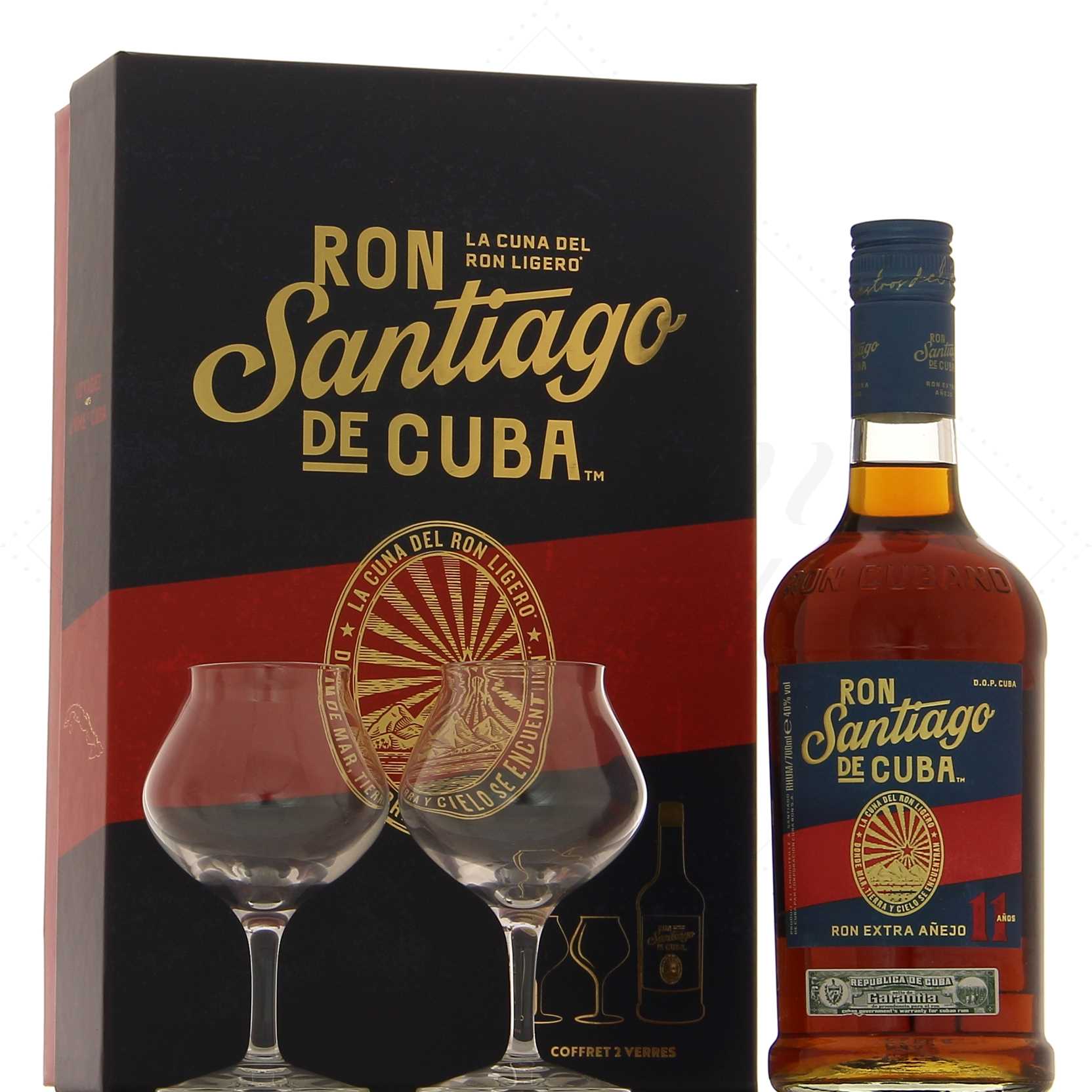Santiago de Cuba 11 ans en coffret 2 verres 40°