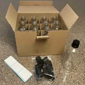 12 flacons verre transparent 10cl et capsule plastique PP18 avec étiquettes