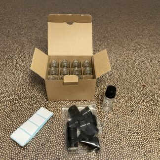 12 flacons verre transparent 1cl et capsule plastique noire PP18 avec étiquettes