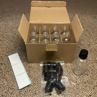 12 flacons verre transparent 3cl et capsule plastique PP18 avec étiquettes