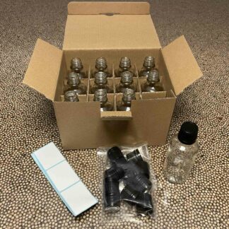 12 flacons verre transparent 5cl et capsule plastique PP18 avec étiquettes